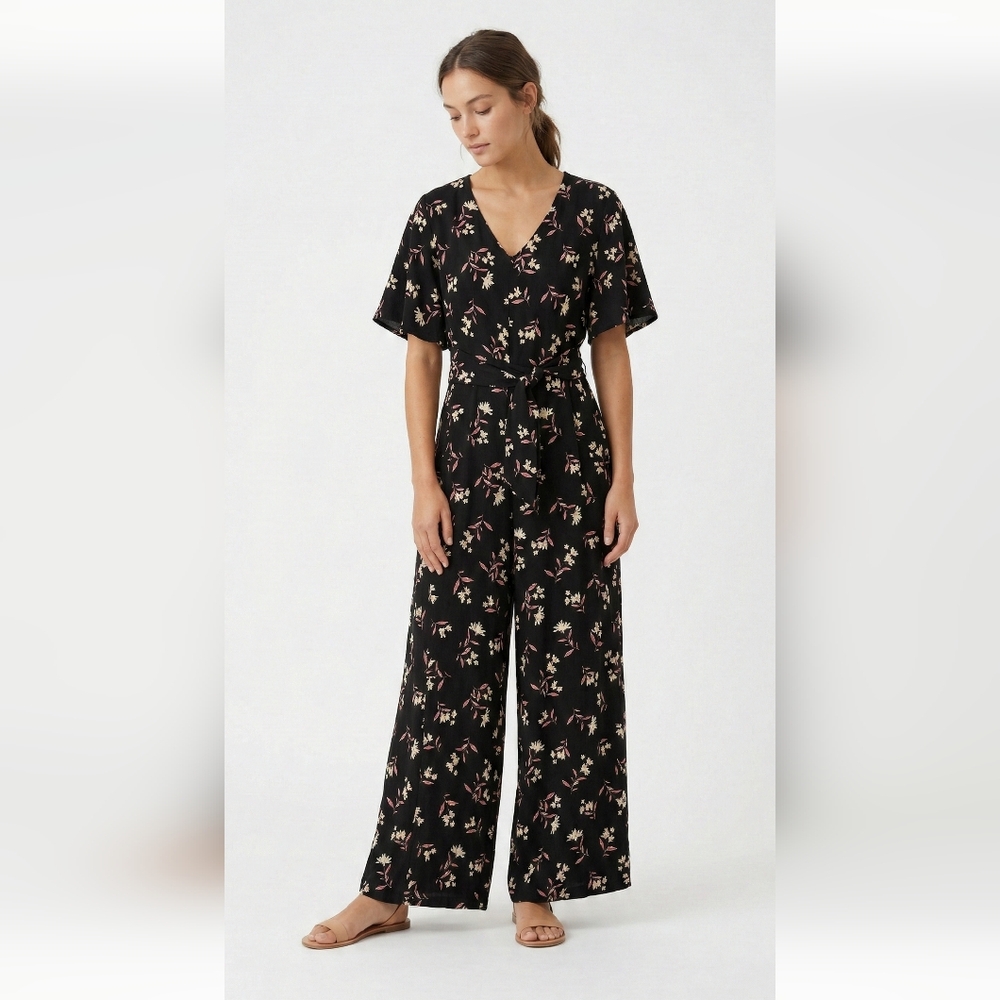 Signature by Robbie Bee Black Pink Floral Jumpsuit Cottagecore 14P